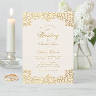 Vintage Wedding Gold Script Elegant Antique Ivory Invitation