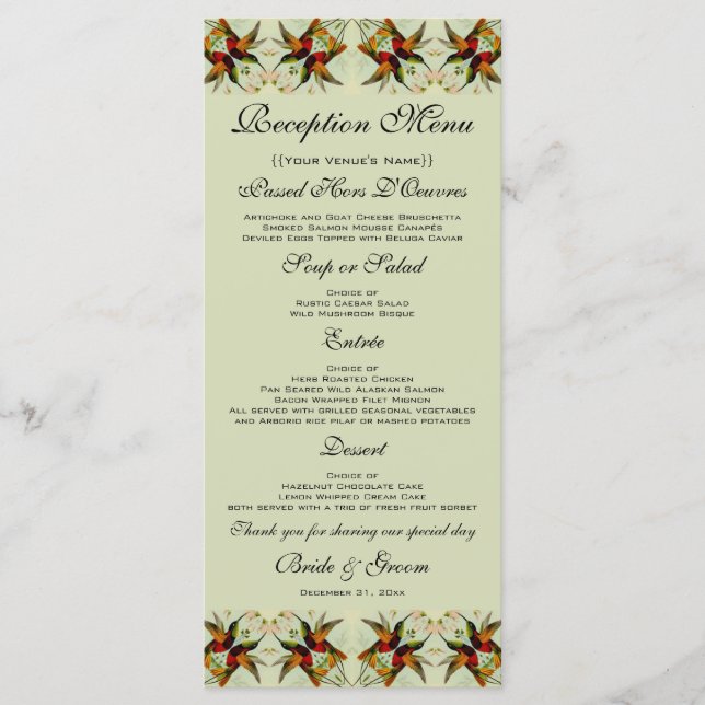 Vintage Wedding, Hummingbirds and Flowers Menu (Front)