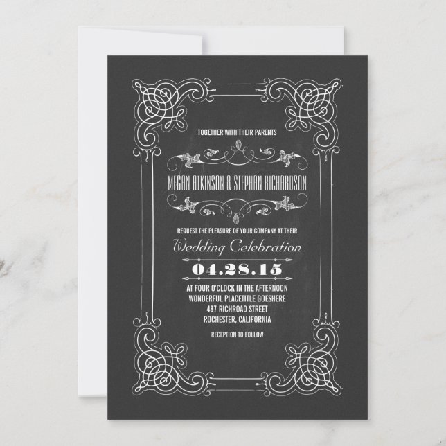 Vintage wedding invitation chalkboard flourishes (Front)