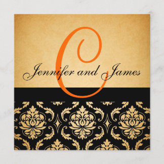 Vintage Wedding Invitation Orange Monogram Damask