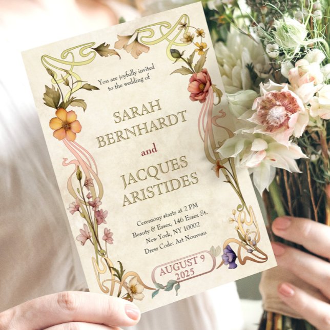 Vintage Wedding Invitations Art Nouveau Deco (Retro Wedding Invitation with Art Nouveau Floral Frame. Antique Wedding Invite Template)