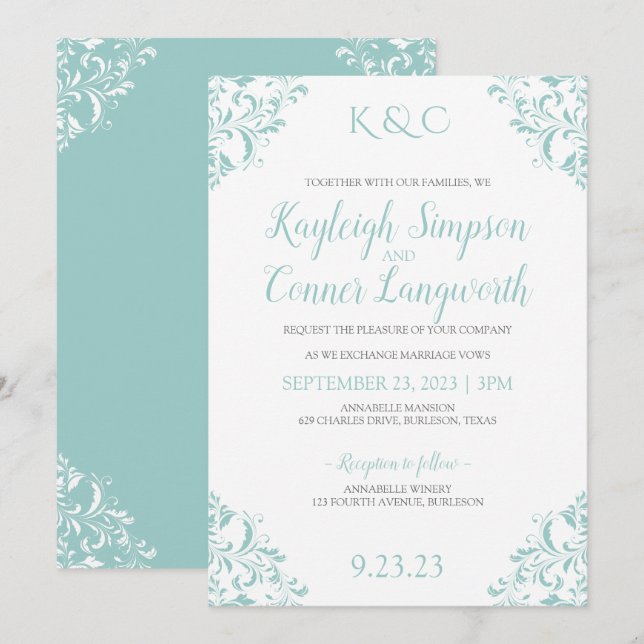 Vintage Wedding Invitations | Light Turquoise-Teal (Front/Back)