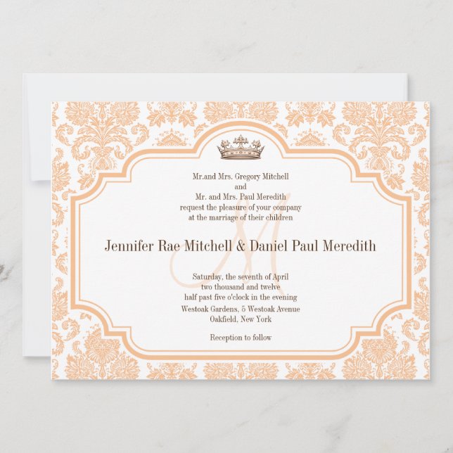 Vintage Wedding Invitations Peach Damask (Front)