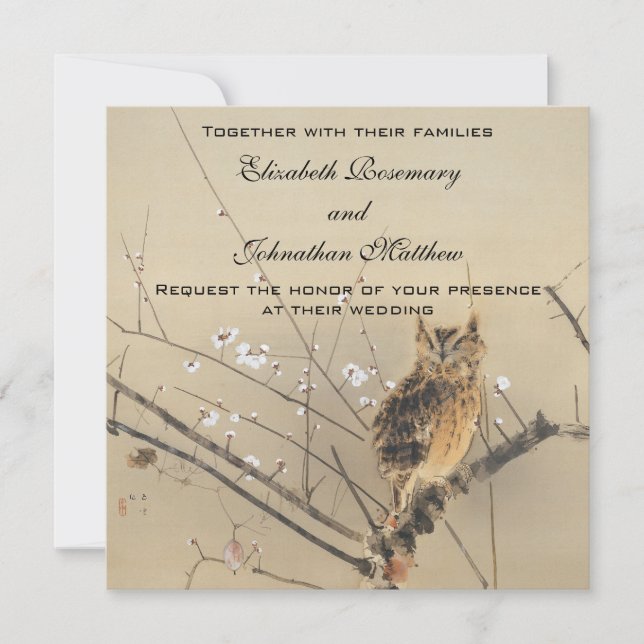 Vintage Wedding, Japanese Owl and Plum Tree Invitation (Front)