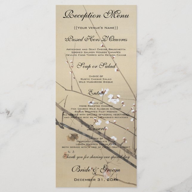 Vintage Wedding, Japanese Owl and Plum Tree Menu (Front)