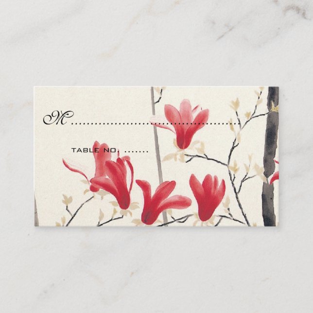 Vintage Wedding, Japanese Pink Magnolia Tree Place Card (Front)