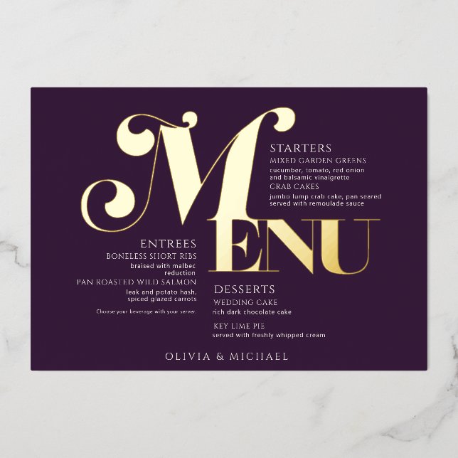 Vintage Wedding Menu Gold Plum (Front)