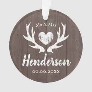 Vintage wedding Mr and Mrs deer antlers wood grain Ornament