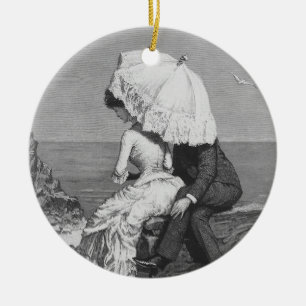 Vintage Wedding, Newlyweds by the Beach Ceramic Tree Decoration
