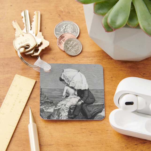 Vintage Wedding, Newlyweds by the Beach Key Ring (Desk)