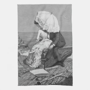 Vintage Wedding, Newlyweds by the Beach Tea Towel