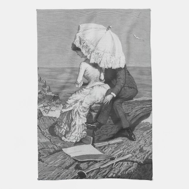 Vintage Wedding, Newlyweds by the Beach Tea Towel (Vertical)