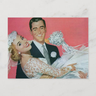 Vintage Wedding Newlyweds, Groom Carrying Bride Announcement Postcard