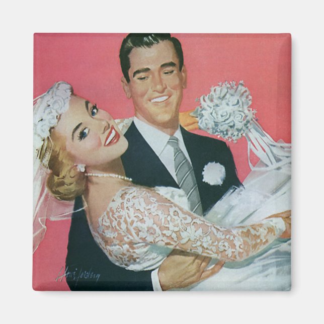 Vintage Wedding Newlyweds, Groom Carrying Bride Magnet (Front)