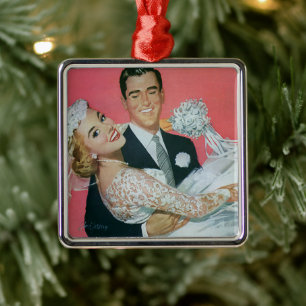 Vintage Wedding Newlyweds, Groom Carrying Bride Metal Tree Decoration