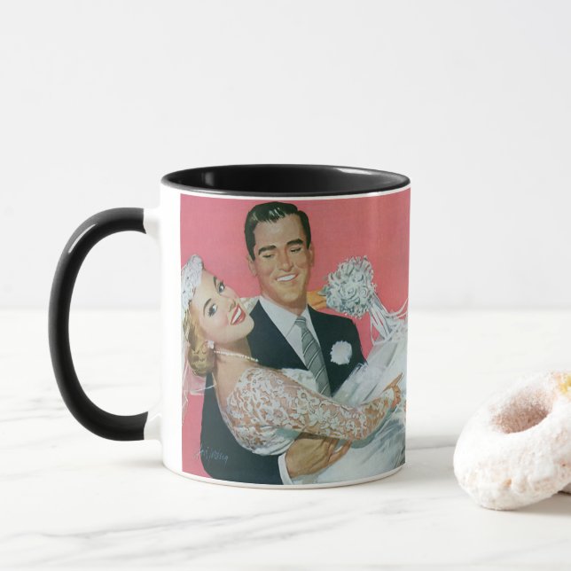 Vintage Wedding Newlyweds, Groom Carrying Bride Mug (With Donut)