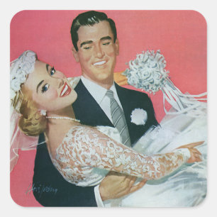 Vintage Wedding Newlyweds, Groom Carrying Bride Square Sticker