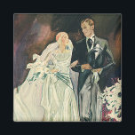 Vintage Wedding Newlyweds, Happy Bride and Goom Magnet<br><div class="desc">Vintage illustration wedding image featuring "Just Married" newlyweds walking down the aisle after their wedding ceremony. The bride is wearing a beautiful wedding gown and veil and holding a floral bouquet of white calla lily flowers. The handsome groom looks dapper in his tuxedo with tails.</div>