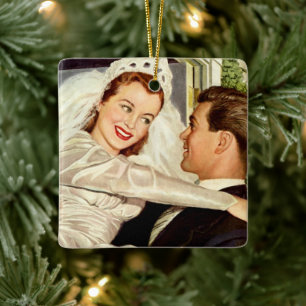 Vintage Wedding Newlyweds, Happy Bride and Groom Ceramic Ornament