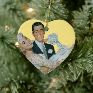 Vintage Wedding Newlyweds, Happy Bride and Groom Ceramic Tree Decoration