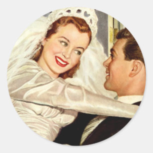Vintage Wedding Newlyweds, Happy Bride and Groom Classic Round Sticker