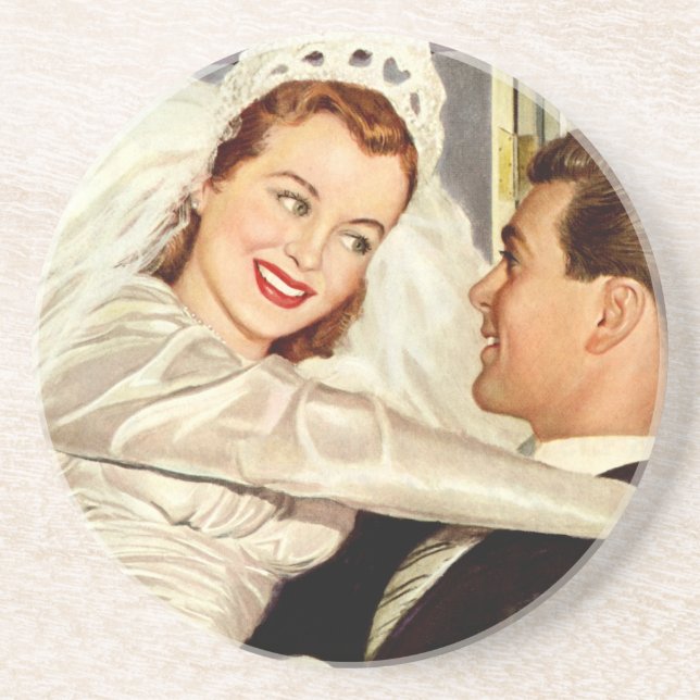 Vintage Wedding Newlyweds, Happy Bride and Groom Coaster (Front)