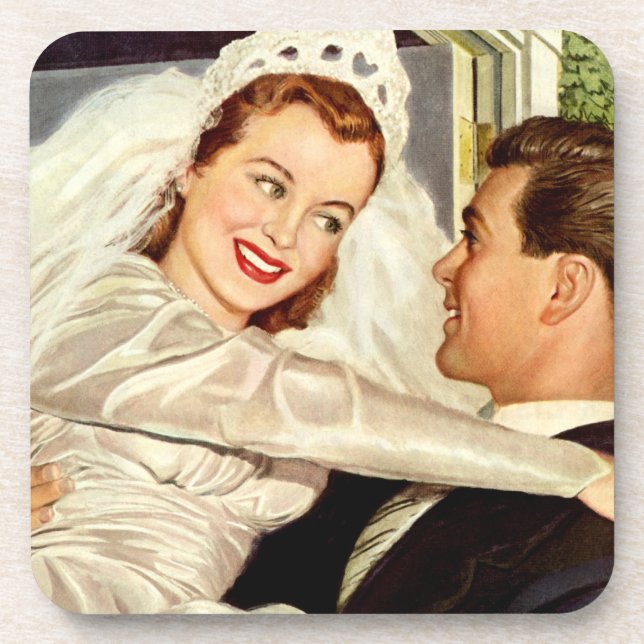 Vintage Wedding Newlyweds, Happy Bride and Groom Coaster (Front)