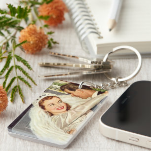 Vintage Wedding Newlyweds, Happy Bride and Groom Key Ring