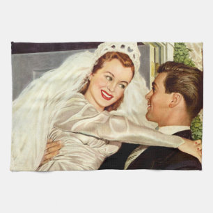 Vintage Wedding Newlyweds, Happy Bride and Groom Tea Towel