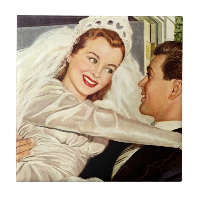 Vintage Wedding Newlyweds, Happy Bride and Groom Tile (Front)