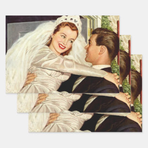 Vintage Wedding Newlyweds, Happy Bride and Groom Wrapping Paper Sheet