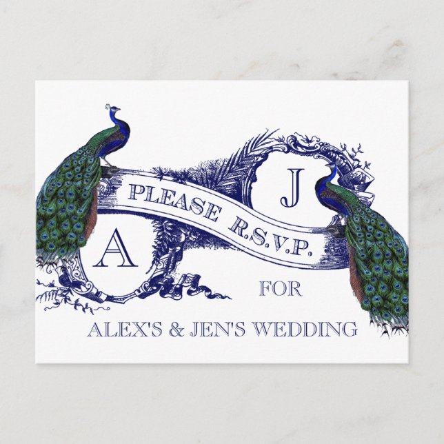 Vintage Wedding, Peacock Wedding RSVP Card (Front)
