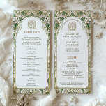 Vintage Wedding Program Ivory, Green & Gold Programme<br><div class="desc">This elegant wedding program captures the timeless beauty of Art Nouveau with its luxurious floral detailing. Featuring an intricate border of gold and white blossoms with lush green leaves, the design frames the program details in a sophisticated and graceful manner. The front showcases the wedding ceremony timeline, while the back...</div>