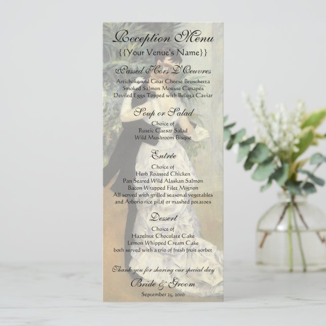 Vintage Wedding Reception Menu, City Dance, Renoir Menu (Standing Front)