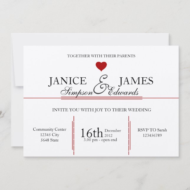 Vintage wedding red heart old style invitation (Front)