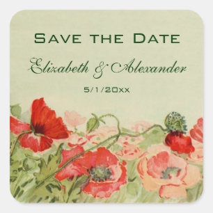 Vintage Wedding, Red Poppies Flowers Save the Date Square Sticker