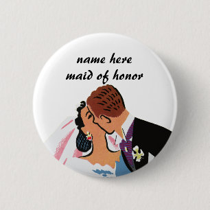 Vintage Wedding, Retro Bride and Groom Kissing 6 Cm Round Badge