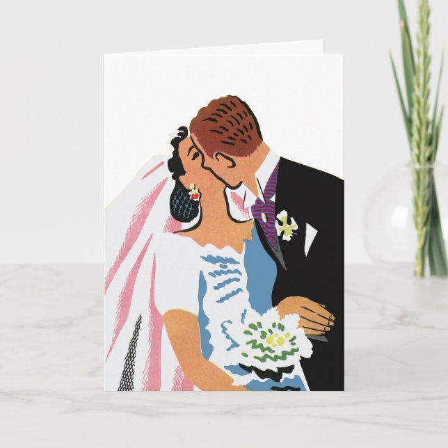 Vintage Wedding, Retro Bride and Groom Kissing Card (Front)