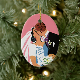 Vintage Wedding, Retro Bride and Groom Kissing Ceramic Tree Decoration