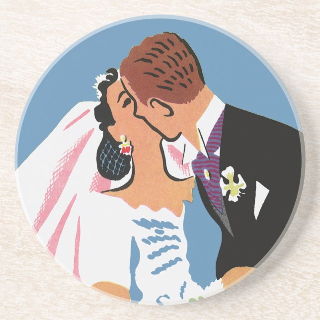 Vintage Wedding, Retro Bride and Groom Kissing Coaster (Front)