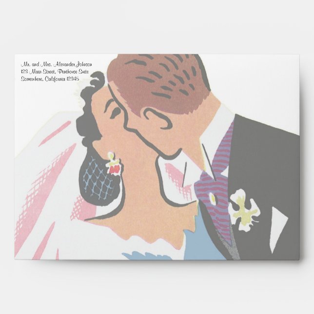 Vintage Wedding, Retro Bride and Groom Kissing Envelope (Front)