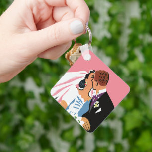 Vintage Wedding, Retro Bride and Groom Kissing Key Ring