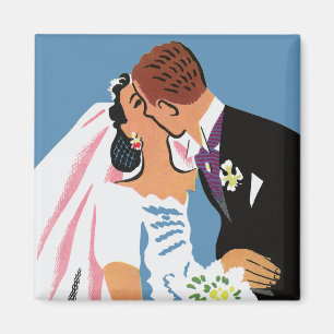 Vintage Wedding, Retro Bride and Groom Kissing Magnet