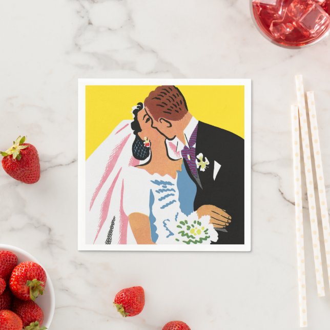 Vintage Wedding, Retro Bride and Groom Kissing Napkin (Insitu)