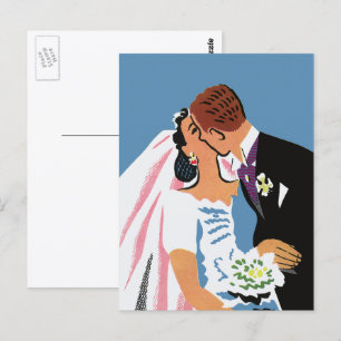 Vintage Wedding, Retro Bride and Groom Kissing Postcard