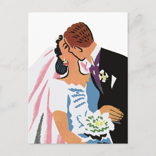 Vintage Wedding, Retro Bride and Groom Kissing Postcard (Front)