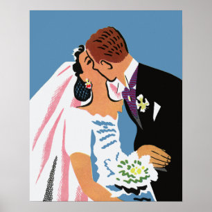 Vintage Wedding, Retro Bride and Groom Kissing Poster