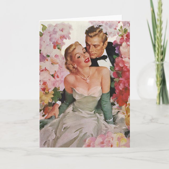 Vintage Wedding, Retro Bride and Groom Newlyweds Card (Front)