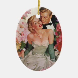 Vintage Wedding, Retro Bride and Groom Newlyweds Ceramic Tree Decoration