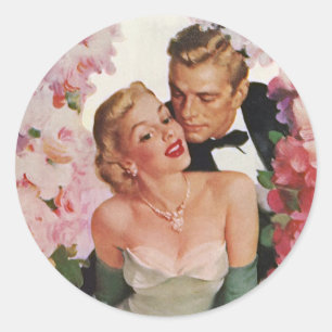 Vintage Wedding, Retro Bride and Groom Newlyweds Classic Round Sticker